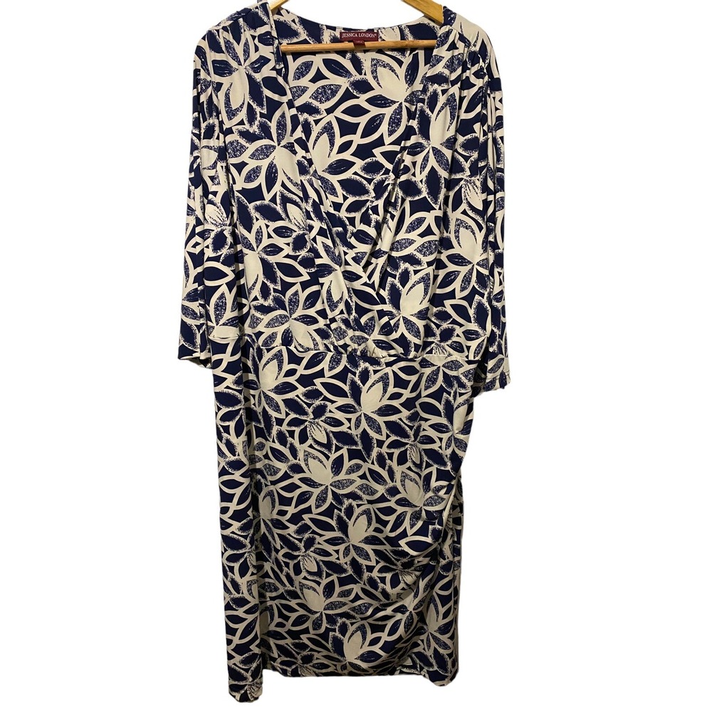 Jessica London Dress Womens 26 Navy Ivory Floral Faux Wrap Stretch Plus Size 4x